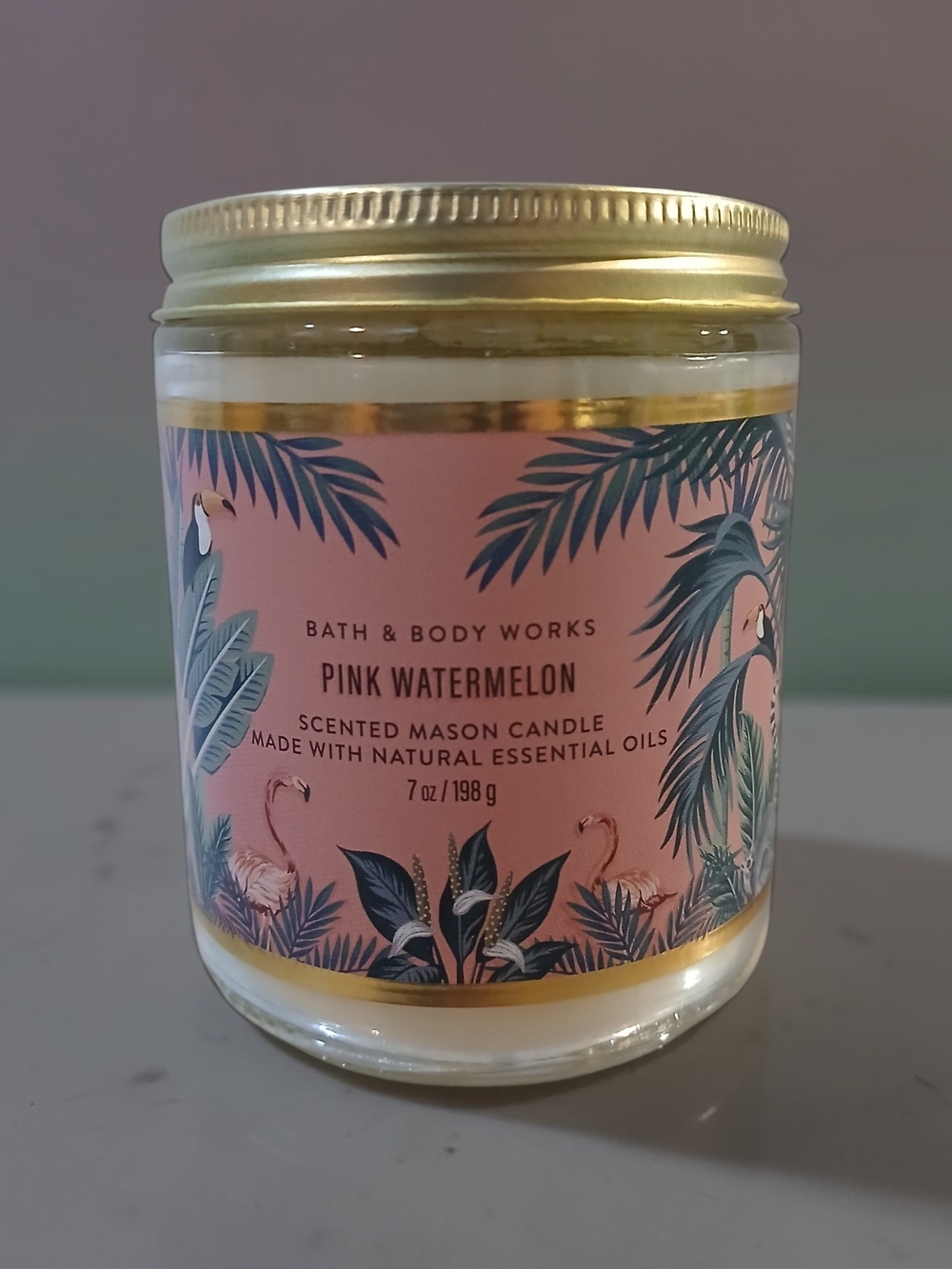 Bath & Body Works Pink Watermelon Decorative Mason Candle with Gold Lid